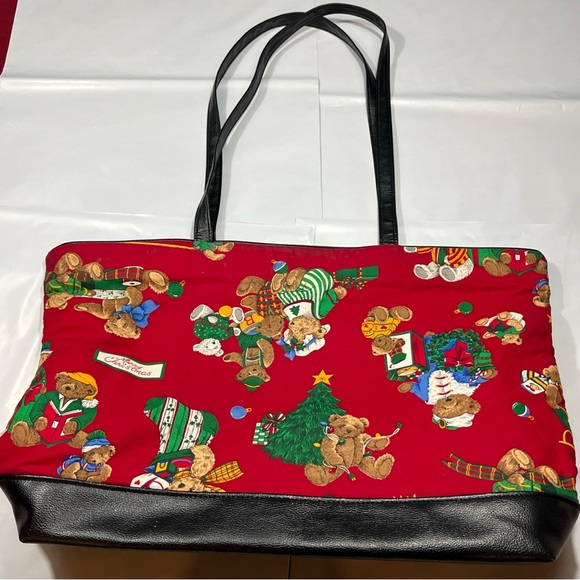 Christmas Teddy BEAR TOTE BAG RED Green cotton Tree gift Santa holiday 13”x19” - Picture 5 of 16